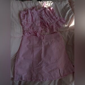 Pink Gingham Off-Shoulder Dress